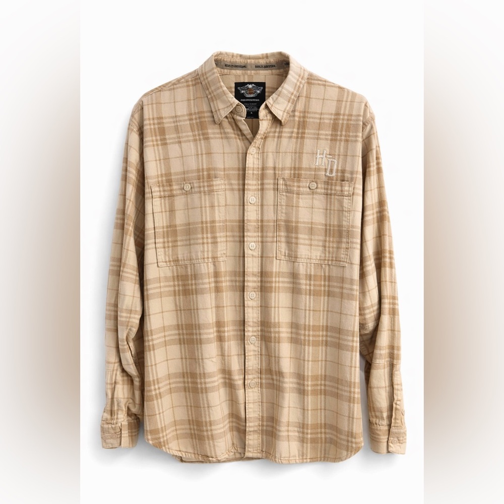 Harley-Davidson Embroidered Plaid Flannel Shirt XL Beige Moto Workwear
